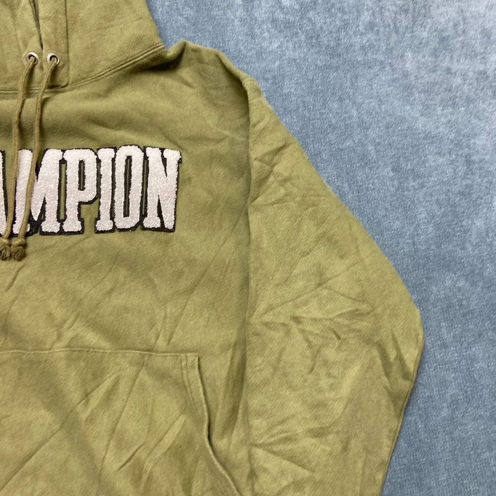 VTG Champion Reverse Weave Hoodie Mens Large Olive Green Logo Drawstring